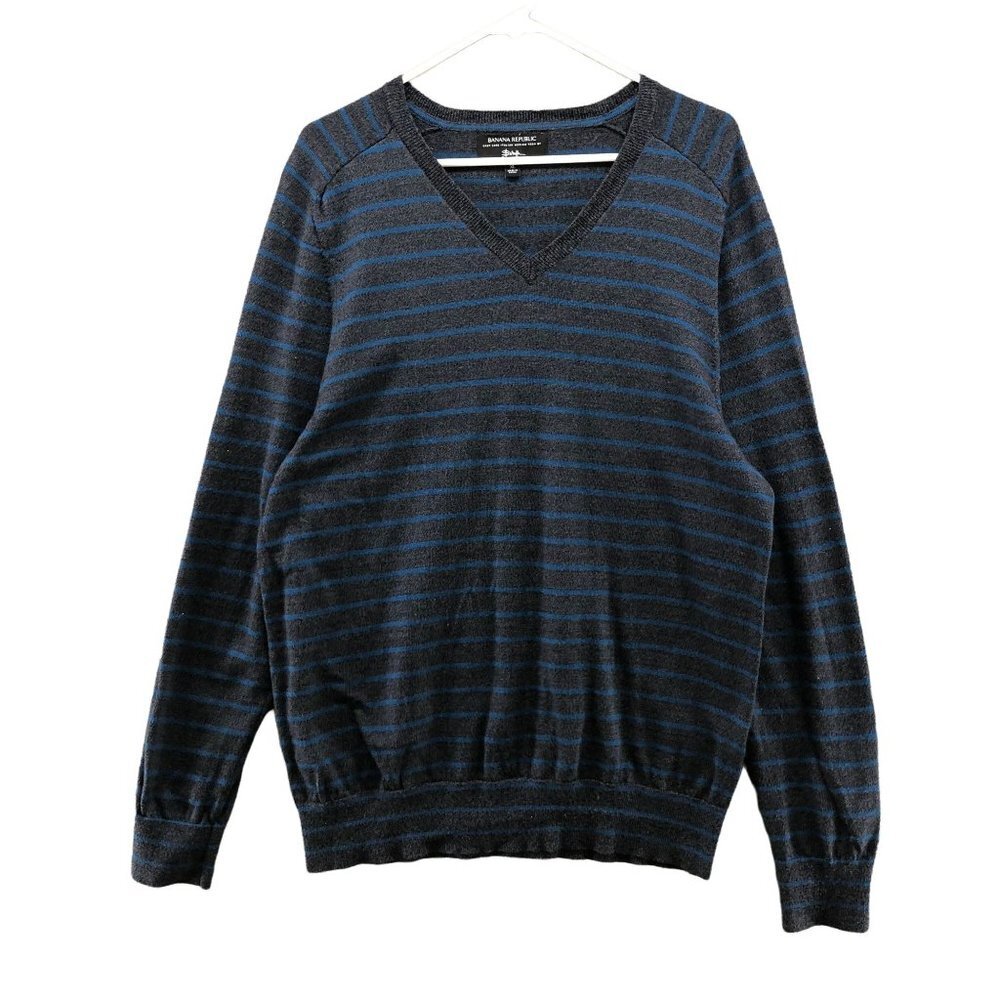 Banana Republic Merino Wool Sweater Mens XL Blue Striped V-Neck Baruffa Pullover